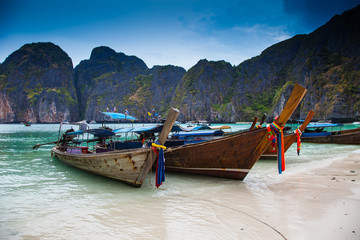 Tropical beach, longtail boats, Andaman Sea, Thailand