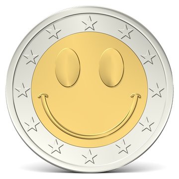 Zwei Euro M&uuml;nze mit fr&ouml;hlichem Smiley