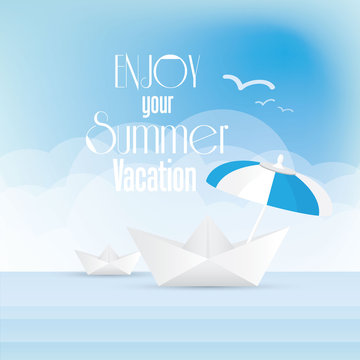summer holiday poster with origami paper boats