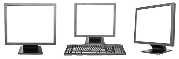 set of black computer displays with cutout screen