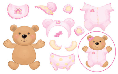Vector cute  bear girl and baby clothing, dress up baby bear.