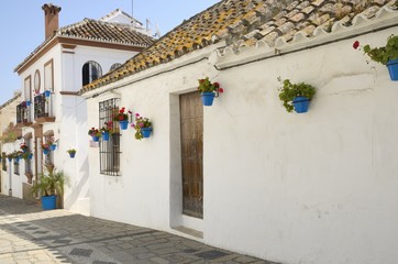 Houses decorated with flowers pots in Estepona, Spain