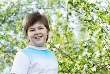 The boy at the apple blossom in the spring garden