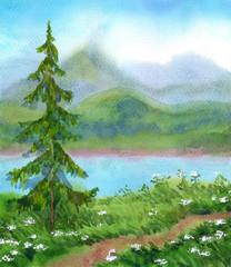 Naklejka premium Watercolor landscape. Spruce near the trail on a hill