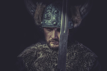 Warning, Viking warrior with a huge sword and helmet with horns