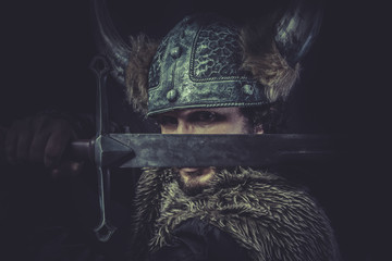 Leadership, Viking warrior with a huge sword and helmet with hor