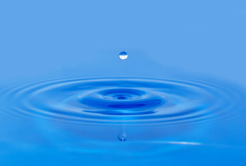 a drop of water falling in blue water. macro