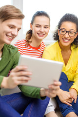 smiling students with tablet pc computer