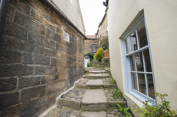 Footpath between old english country cottages in village