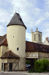 Cityscape with medieval buildings in Troyes, France