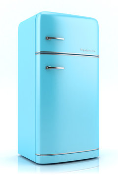 Blue retro refrigerator isolated on white background