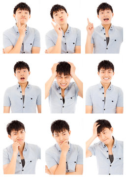 asian young man face expressions composite isolated on white