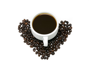 hot coffee in the white cup and coffee bean on white background