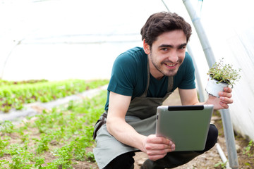 Young business farmer working on his tablet