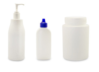 White plastic cosmetic bottles set. Collage.