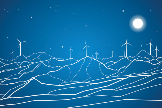 Vector lines, ecology, mountains landscape, windmills