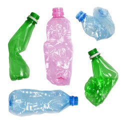 Used crumpled plastic bottles isolated on white