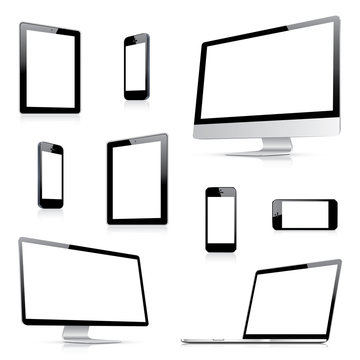 Modern computer, laptop, tablet and smartphone vectors side view