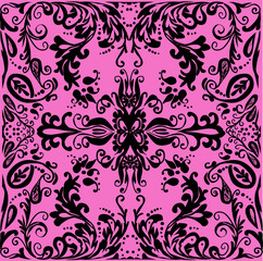 black symmetrical square pattern with curls on pink