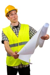 construction worker holding project documents,isolated on white