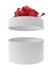 Open round gift box with red ribbon bow