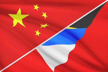 Series of ruffled flags. China and Antigua and Barbuda.
