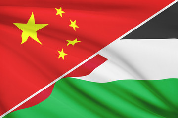 Series of ruffled flags. China and Hashemite Kingdom of Jordan.