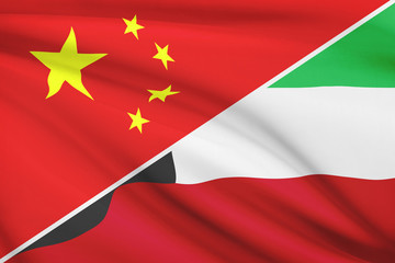 Series of ruffled flags. China and State of Kuwait.