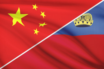 Series of ruffled flags. China and Liechtenstein.