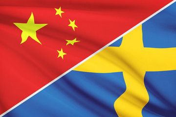 Series of ruffled flags. China and Kingdom of Sweden.