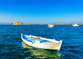Naklejka premium Beautiful small fishing boat in Nafplio town in Greece