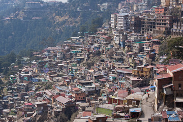 A densely populated hillside in Shimla, Northern India