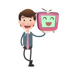 Businessman with cute TV over white background