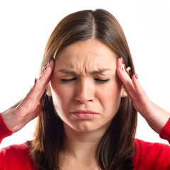 asian girl with headache over isolated white background