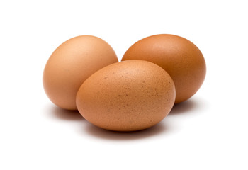 Three brown eggs on white background