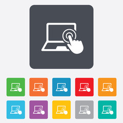Touch screen laptop sign. Hand pointer symbol.