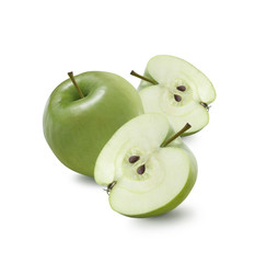 One whole green apple and two halves isolated on white