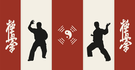 Illustration, two men are engaged in karate on a red background
