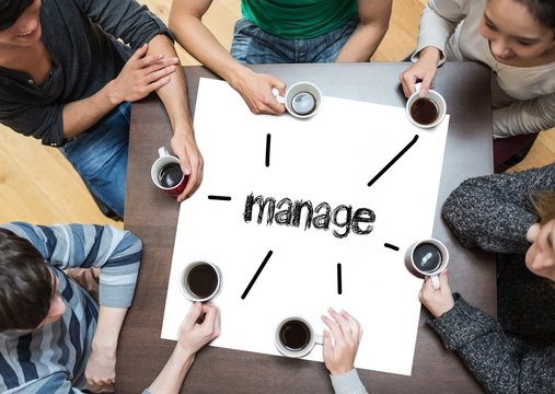 Manage on page with people sitting around table drinking coffee