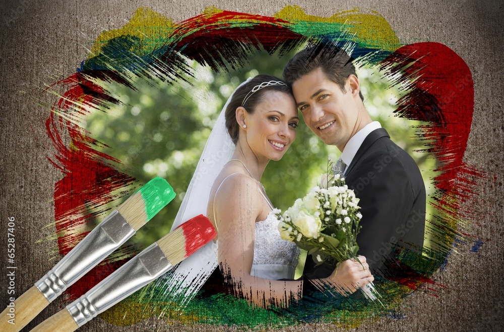 Fototapete composite image of newlyweds smiling at camera