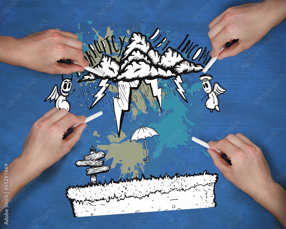 Poster composite image of multiple hands drawing money doodle with chal