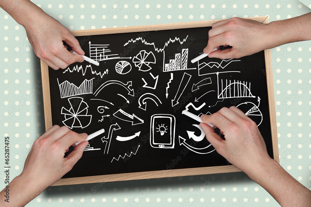 Aufkleber composite image of multiple hands drawing brainstorm with chalk