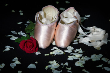 Old used ballet slippers lying on floor with rose and petal © Alta Oosthuizen