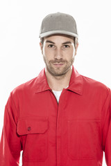 closeup portrait of a man with expressive face in workwear