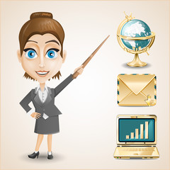 Businesswoman, gold envelope,  globe and notebook
