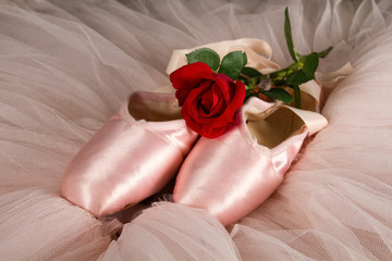 Old used ballet slippers lying on floor with rose and tutu © Alta Oosthuizen