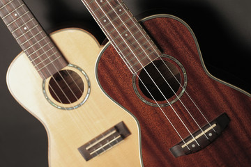 Obraz na płótnie Canvas two ukuleles focus on the ukulele right