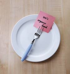 Note paper with message  attached to fork,