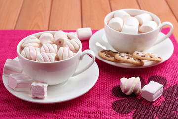 Cups of hot chocolate with marshmallows