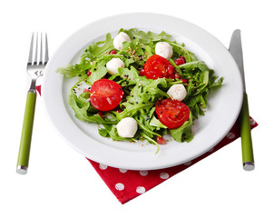 Green salad made with  arugula, tomatoes, cheese mozzarella